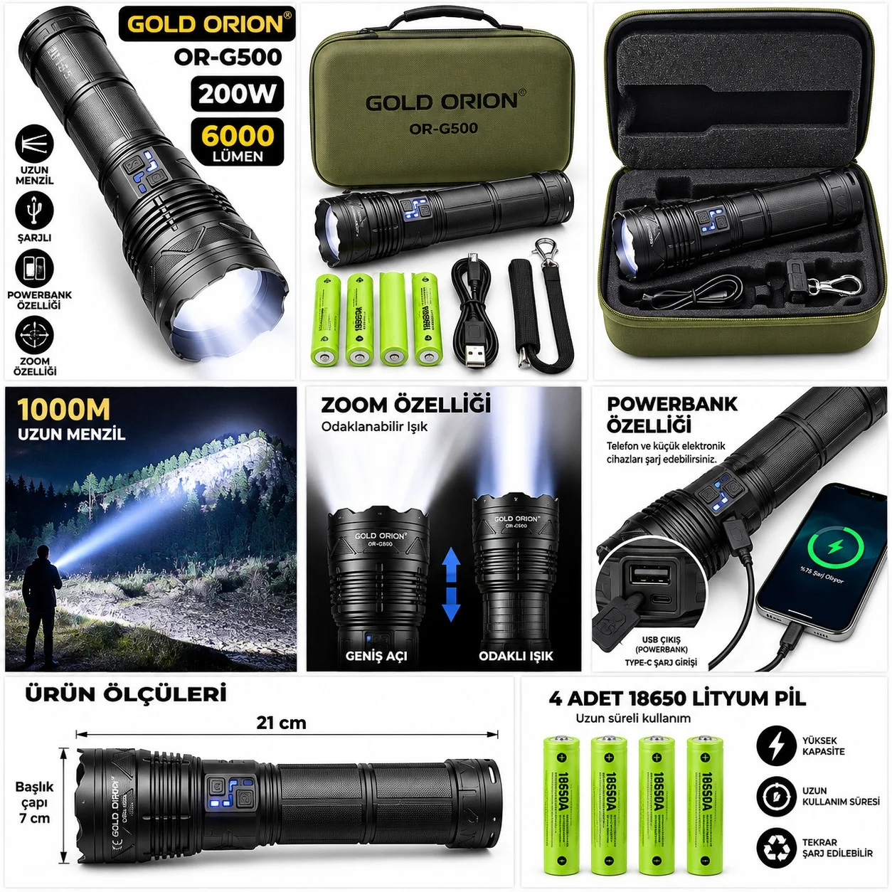 OR-G500 200W 6000 Lümen Uzun Menzilli Zoomlu LED Şarjlı El Feneri görsel 2