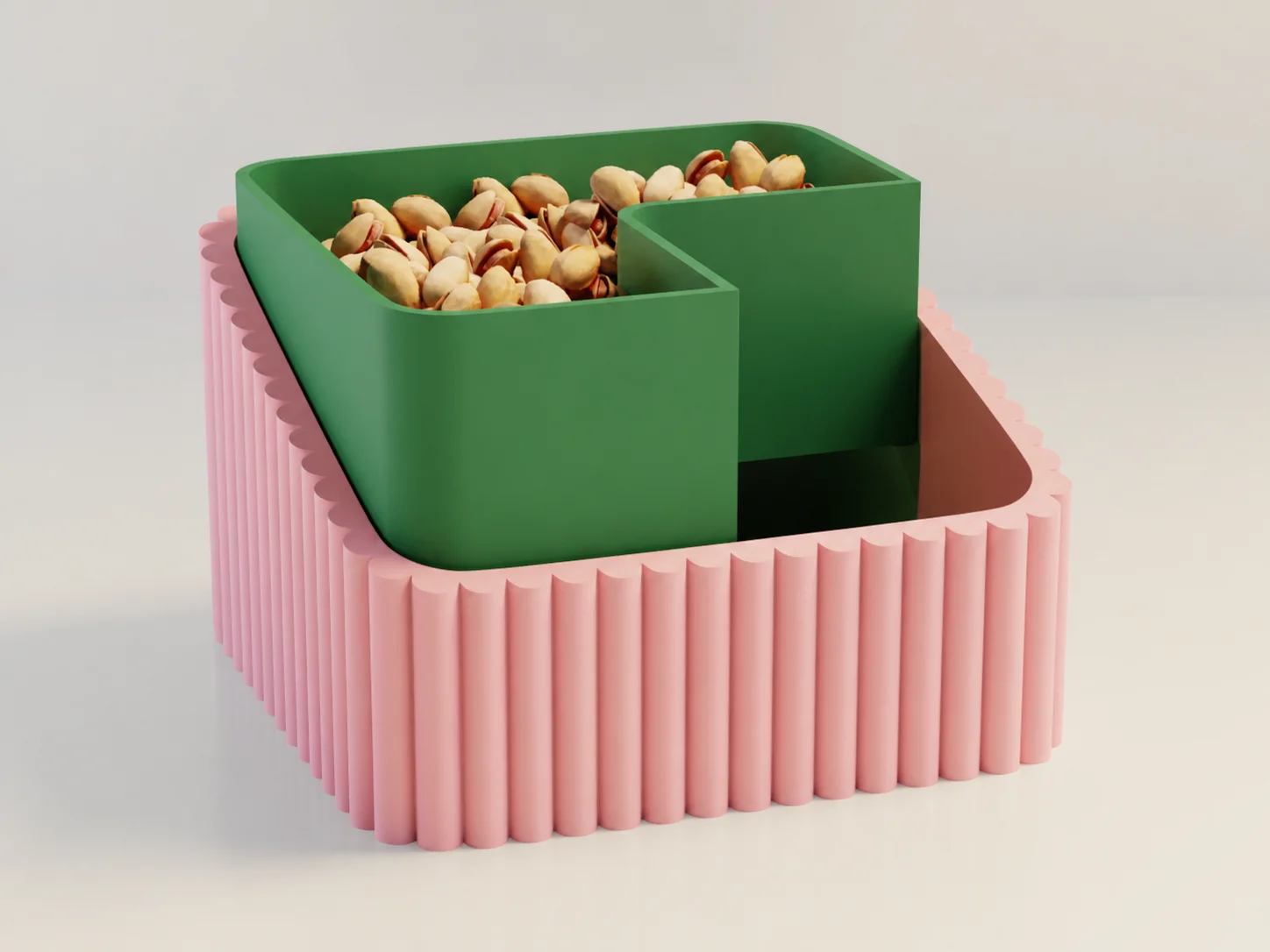 3D Baskı Fıstık Kasesi - Çift Hazneli Kabuk Ayırıcı Sunum Kasesi - Pembe Yeşil