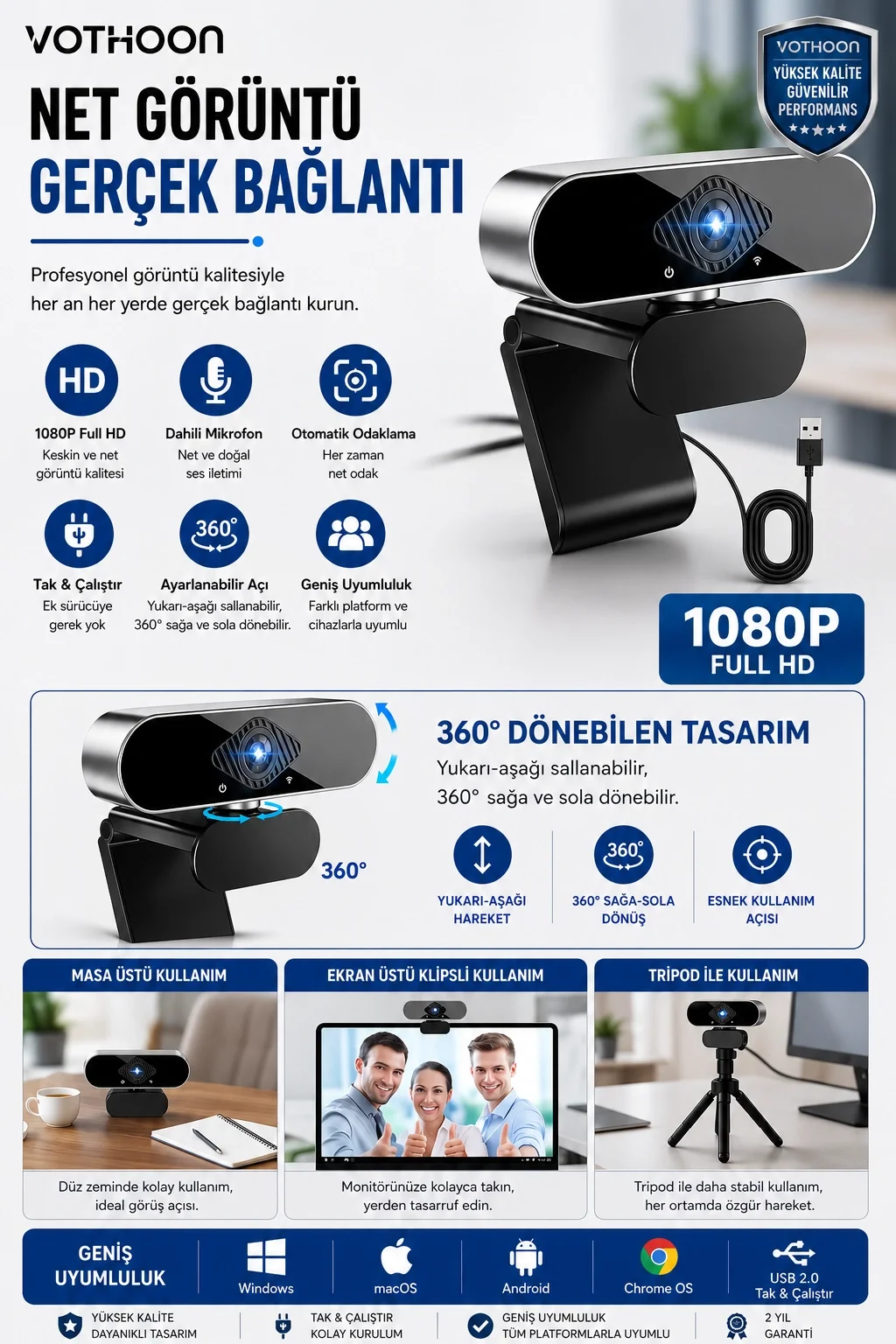 WebCam Orjınal 1080p HD Konferans Kamera Dahili Mikrofon Görüntülü Sohbet Yayın Kamerası HD Video AE-104