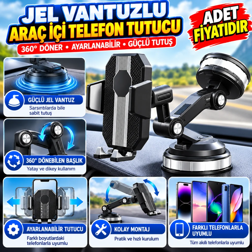 Jel Vantuzlu Cama Takılabilen Güçlü 360 Derece Dönebilen Ayarlanabilir Araç Içi Vantuzlu Telefon Tutucu