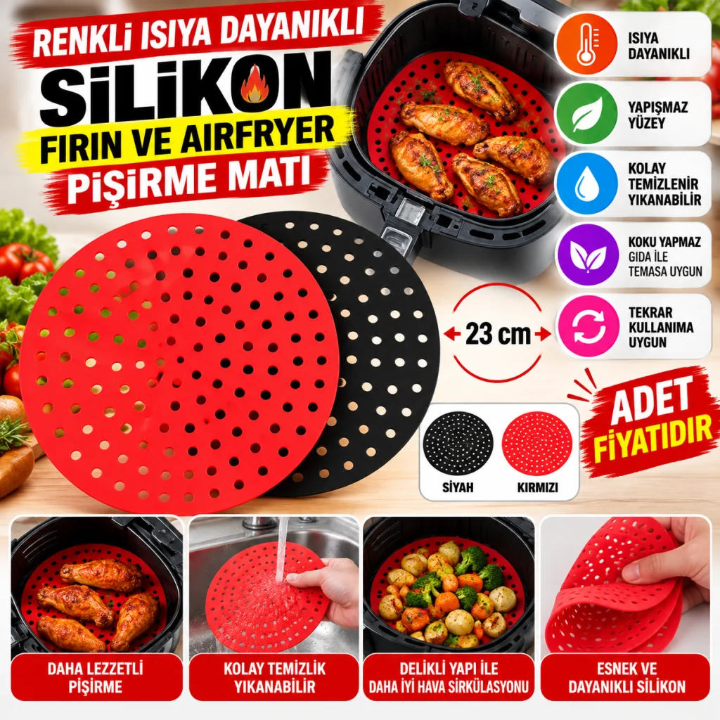 Renkli Isıya Dayanıklı Yıkanılabilir Silikon Fırın Ve Airfryer Yuvarlak Pişirme Matı 23 Cm (adet fiyatıdır)