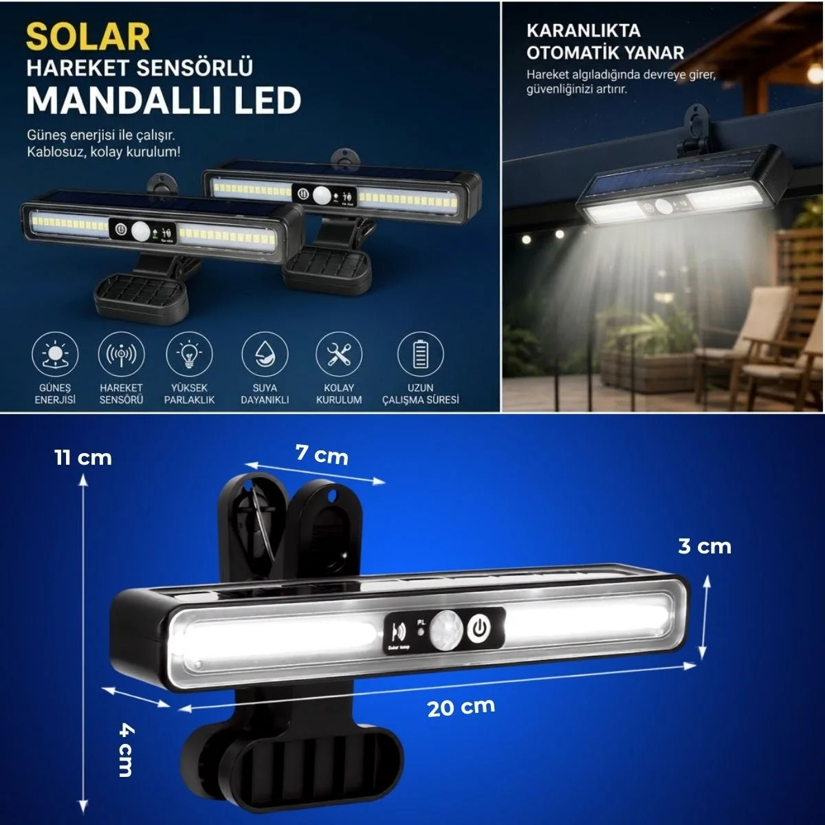 2 Adet 36 LED Mandallı Solar Lamba, Güneş Enerjili, Hareket Sensörlü, 3 Modlu, Kıskaçlı Kablosuz Dış Mekân Duvar Apliği görsel 5