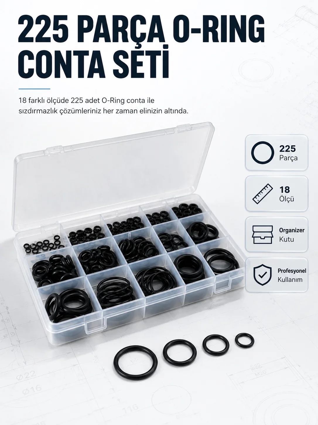 225 PCS O-Ring Conta Seti Profesyonel Tar, Bakım ve Sızdırmazlık Çözümü