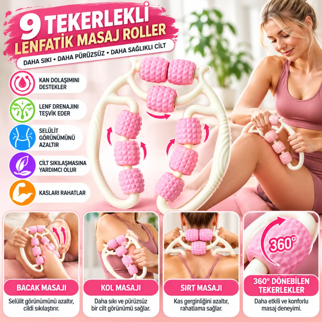 9 Tekerlekli Lenfatik Masaj Roller – Selülit Giderici, Cilt Sıkılaştırıcı, Bacak Kol Sırt Masaj Aleti