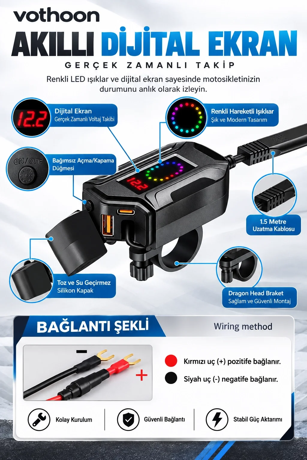 Motosiklet Telefon Tutucu Ayna Ve Gidon Bağlantılı Telefon Şarj Cihazı Geri Sarılabilir Type-C Kablolu Voltaj Göstergeli 30W görsel 5