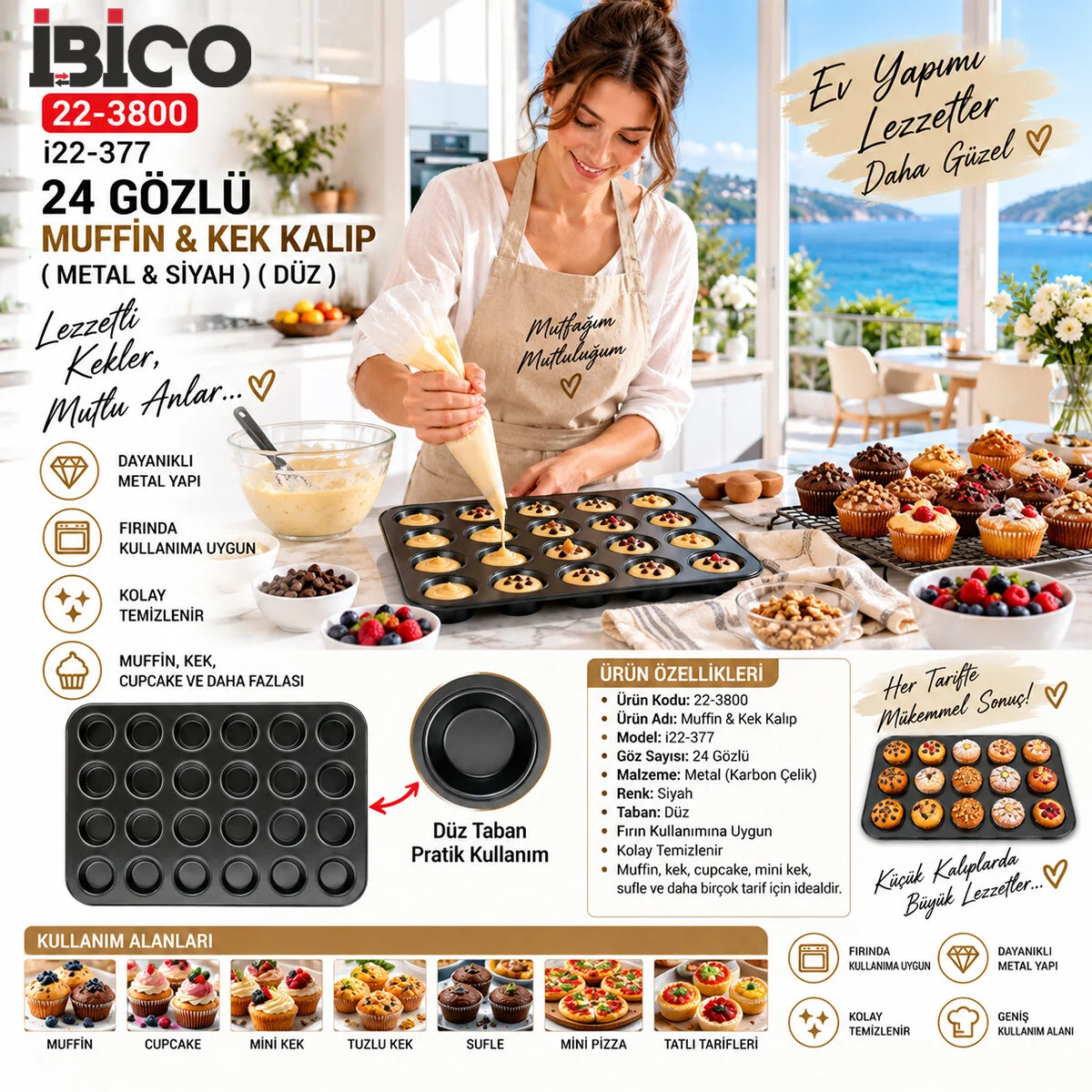 24 Gözlü Metal - Siyah Düz Muffin - Kek Kalıp görsel 4