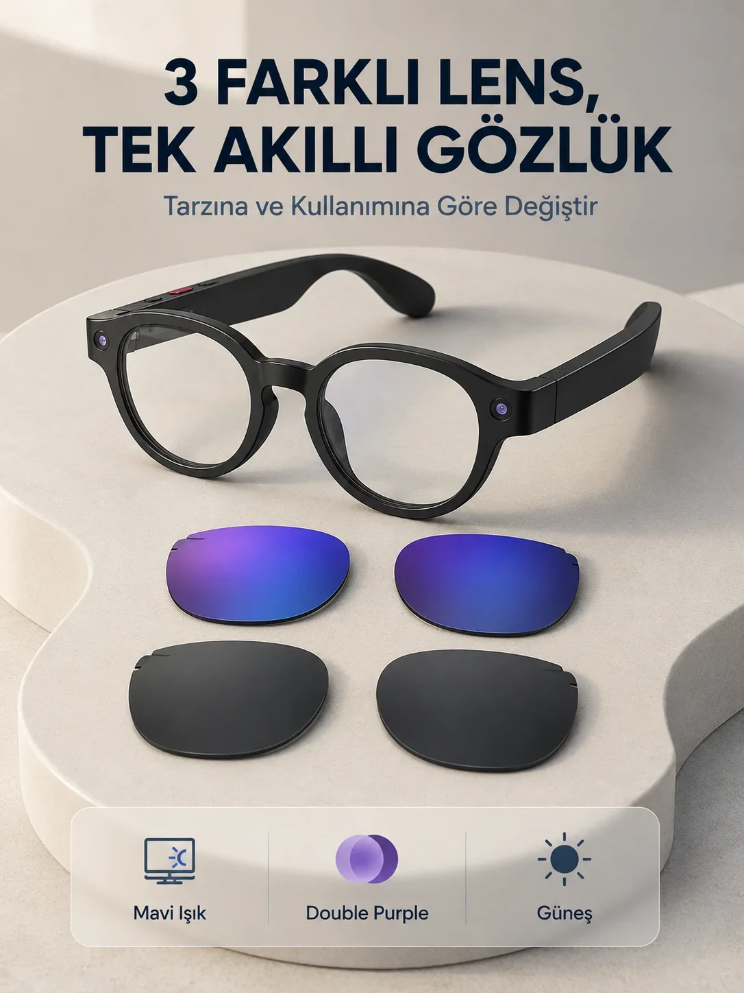 Siyah Akıllı Kamera Gözlüğü Fotoğraf Video Çekimli Yapay Zeka Destekli Bluetooth Çoklu Dil Çeviri 3 Lensli
