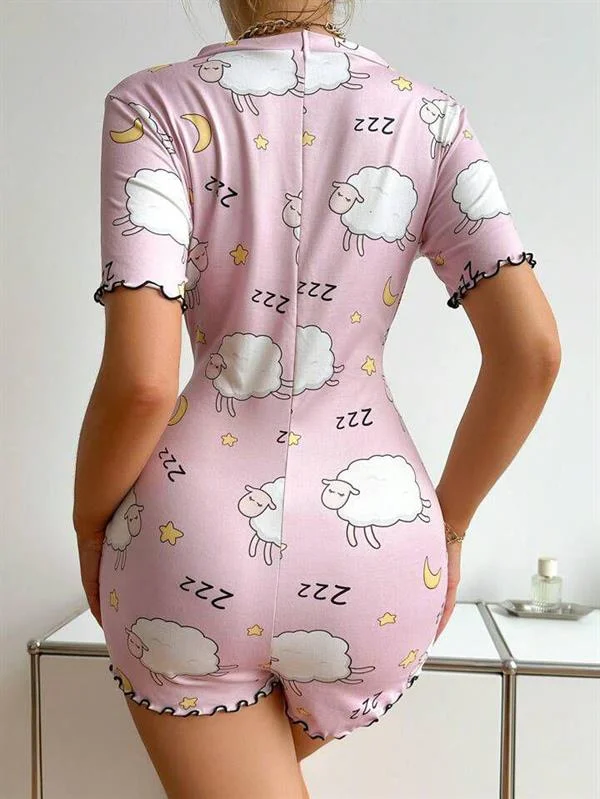 Pamuklu Pembe Kuzu Desenli Düğmeli Uzun Kol Tulum Pijama görseli