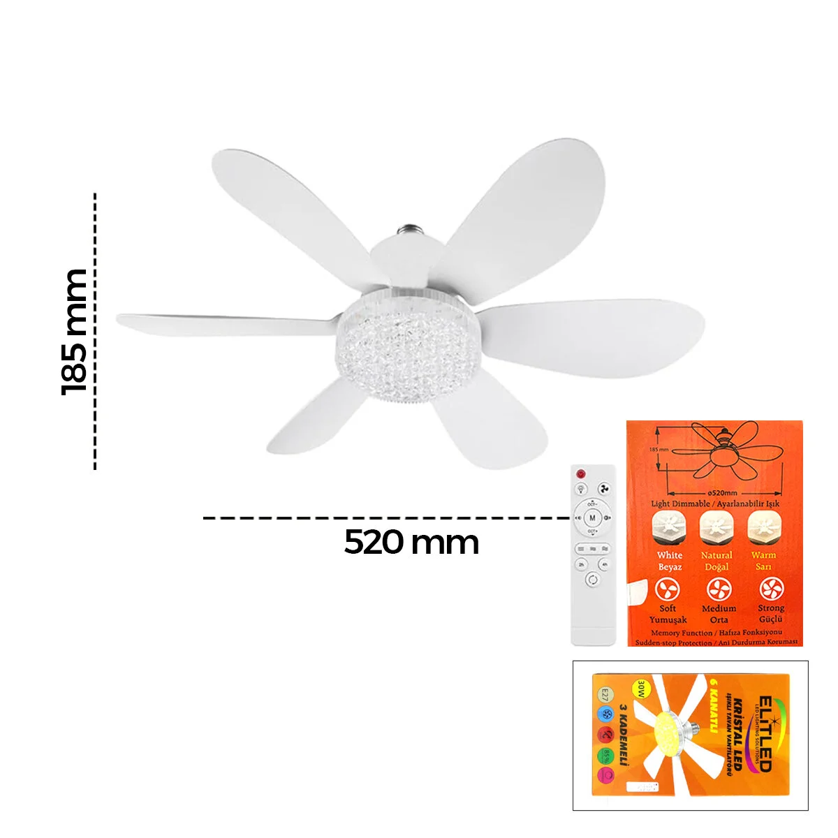 2İN1=TAVAN Vantilatör - Avize Lamba Kumandalı 52CM Sinek Kovucu 6-BEYAZ Plastik Kanat 3-KADEME Hız Beyaz-sarı-doğal Işık