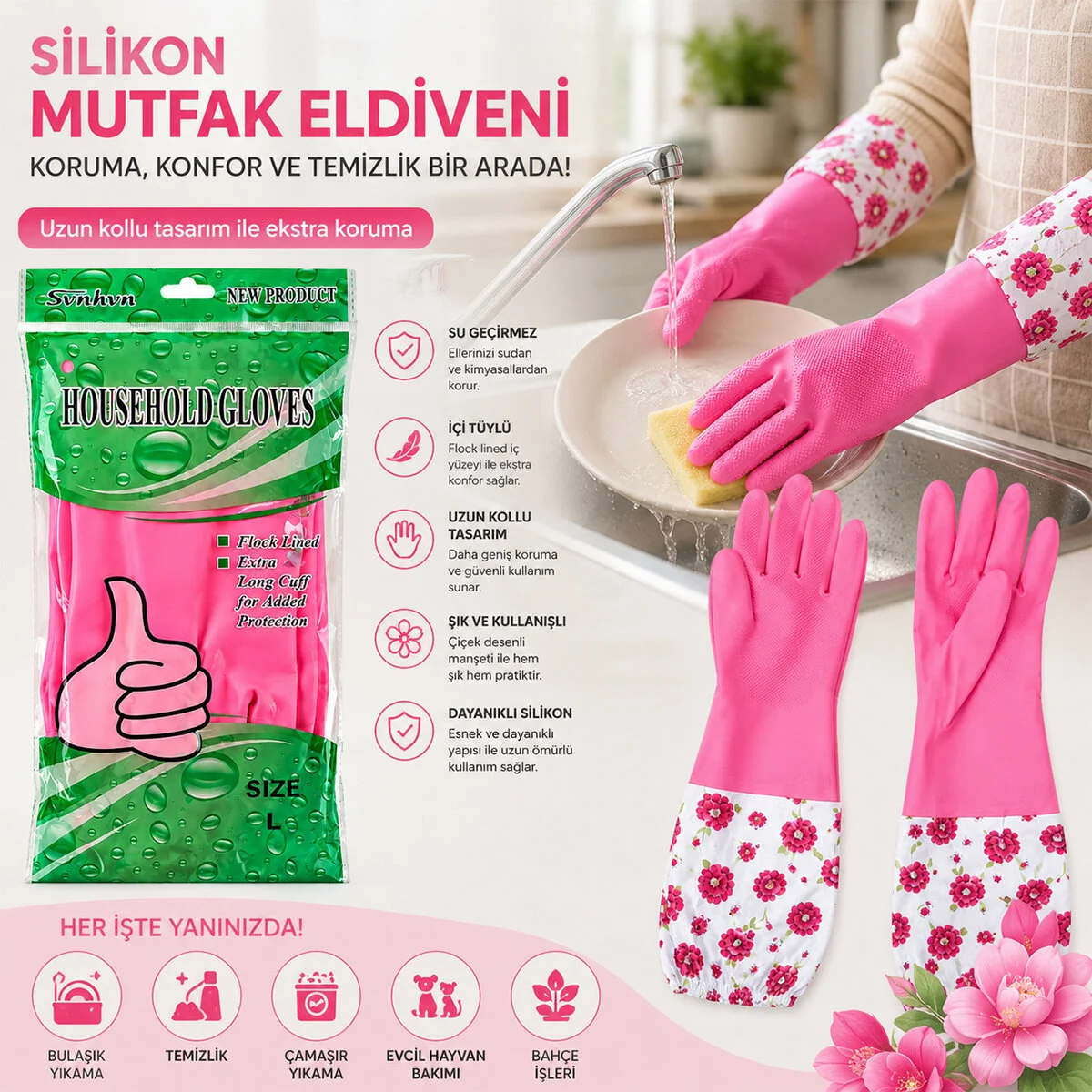 10 Adet Su Geçirmez - Uzun Kollu L Çiçek Desen Silikon Eldiven Mutfak - Banyo görsel 2