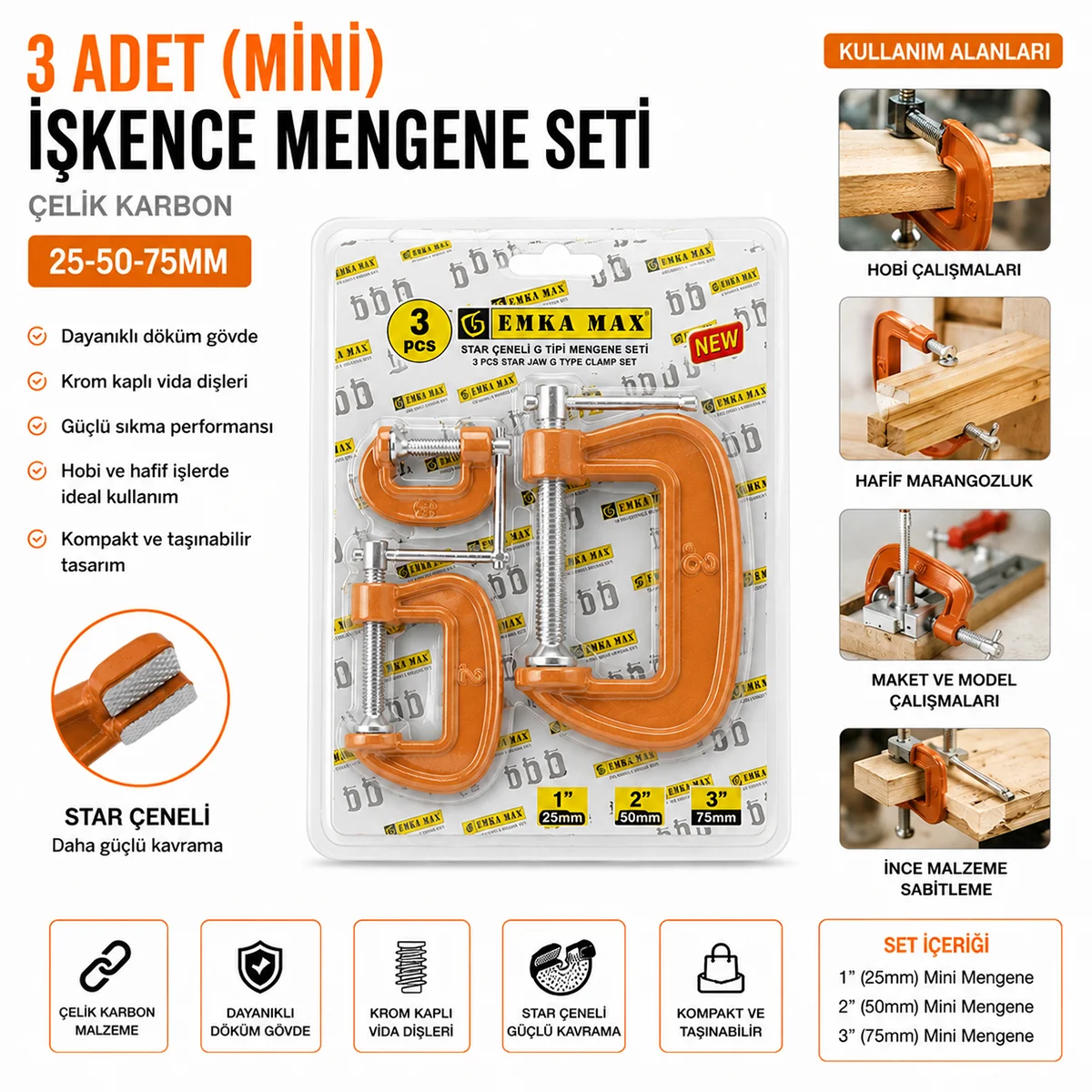 Mini Mengene Seti 3'lü (25-50-75 mm) Karbon Çelik görsel 2