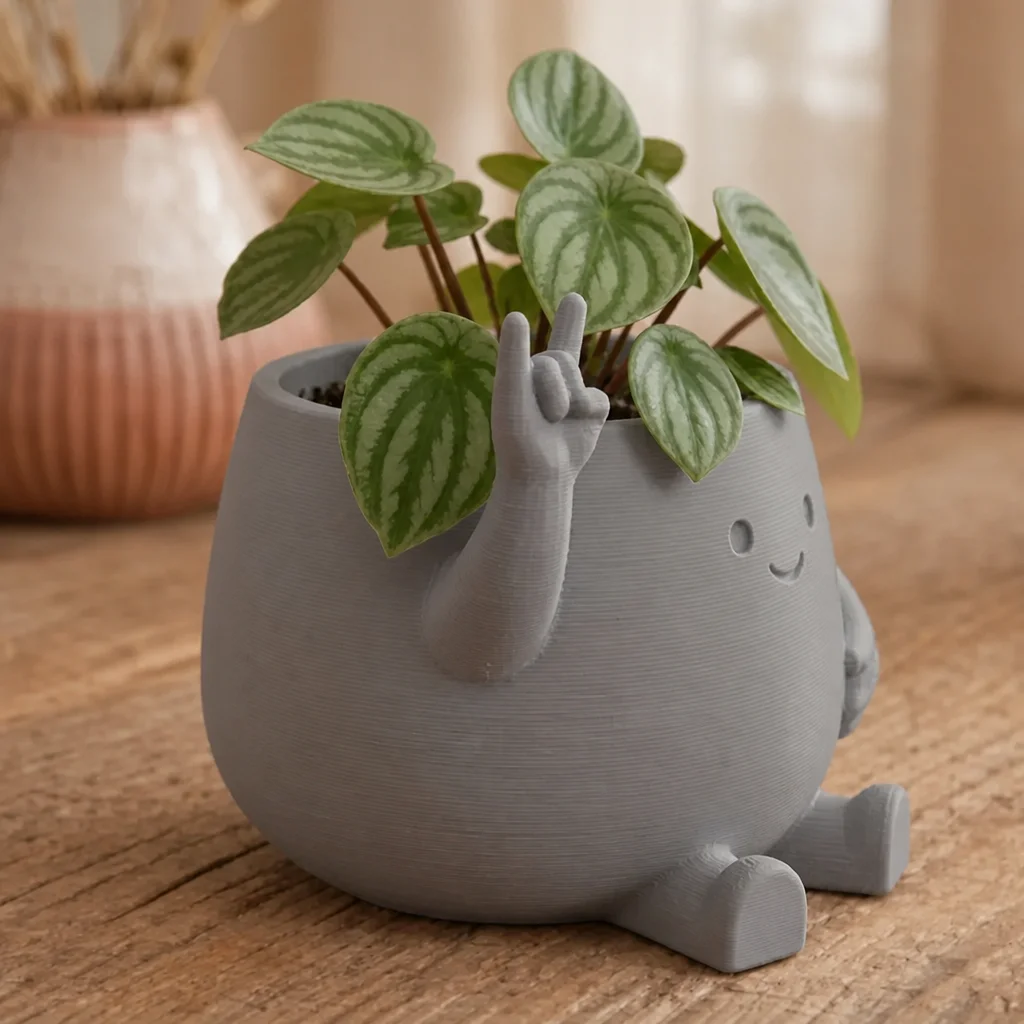 3D Baskı Smiley Face Planter - Gülümseyen Karakterli Saksı-Gri görsel 2