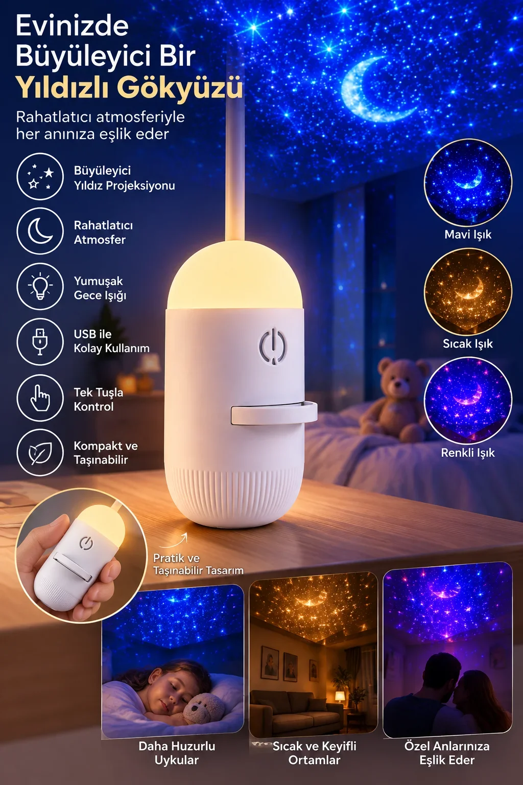 Romantik Atmosfer İçin Ay Yıldız Projeksiyonlu Gece Lambası görsel 2