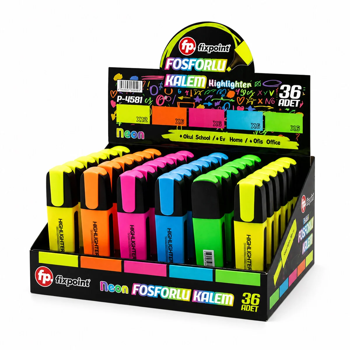 36 Adet Neon Fosforlu Kalem - Standlıdır İçinde 12 - Sarı - 6 - Turuncu - 6 - Pembe - 6 - Mavi - 6 - Yeşil