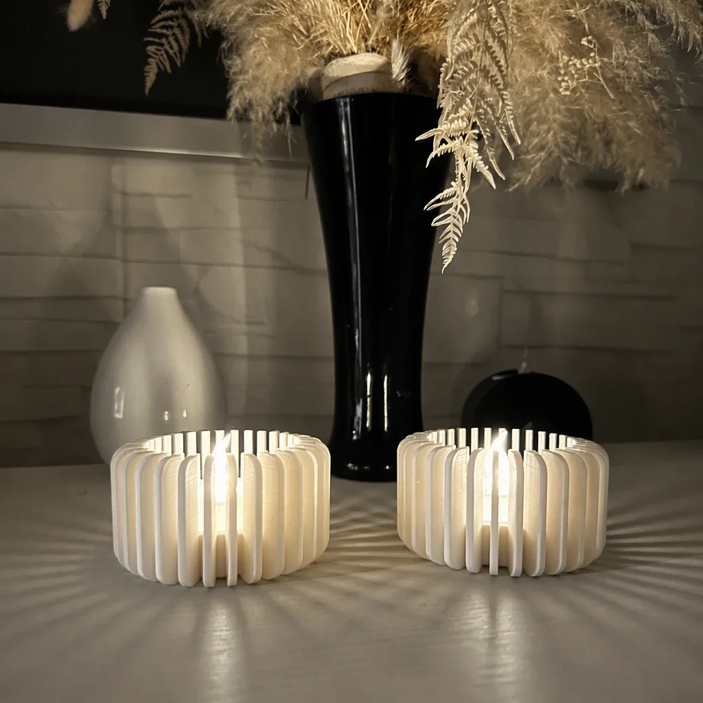 3D Baskı Modern Çizgili Mumluk - Tealight Mumluk (1 Adet)-Beyaz görsel 2