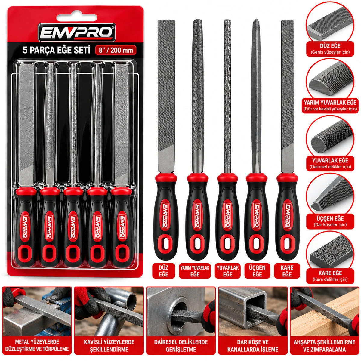 5PCS Çelik Eğe Seti Balık Sırtı - Üçgen - Kare - Yuvarlak - Düz Geniş EĞE=20CM+PLS.SAP=10CM= 30CM görsel 2