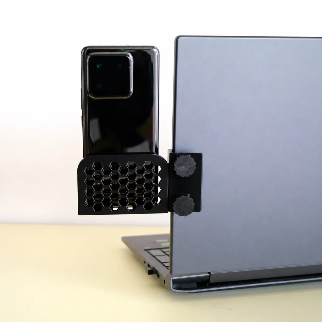 3D Baskı Monitor Telefon Tutucu - Petek Desenli Laptop Kenar Telefon Tutucu-Siyah görsel 3
