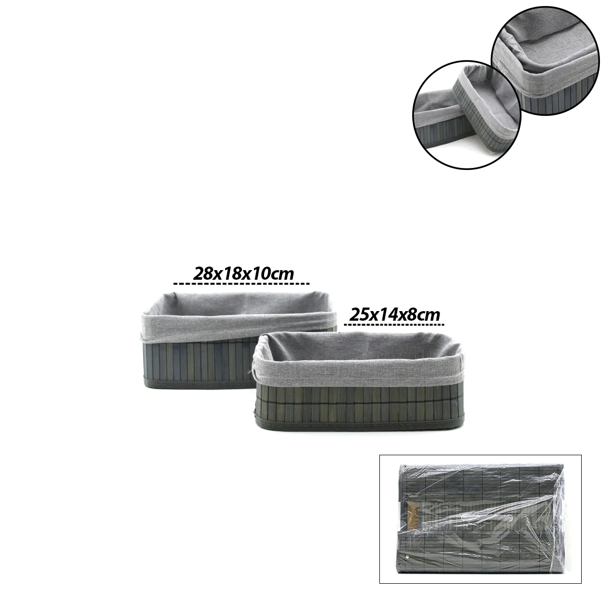 Gri Bambu Kenarlı Dikdörtgen Organizer Sepet (25x14 / 28x18 cm) - Ahşap Taban, Bezli görsel 2