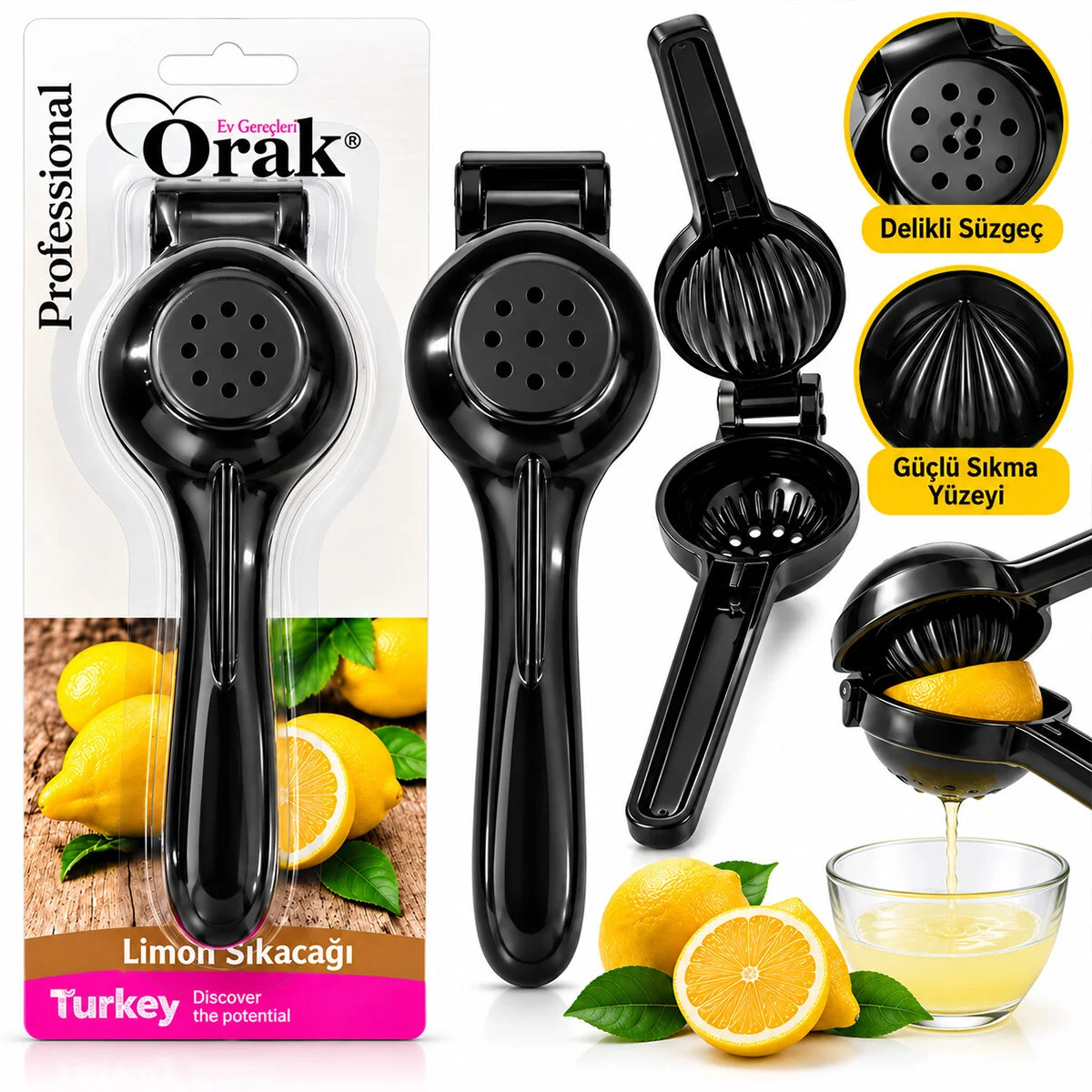 Limon Sıkacak Siyah Kollu Pres Modeli Döküm Limon - Meyve Sıkacak