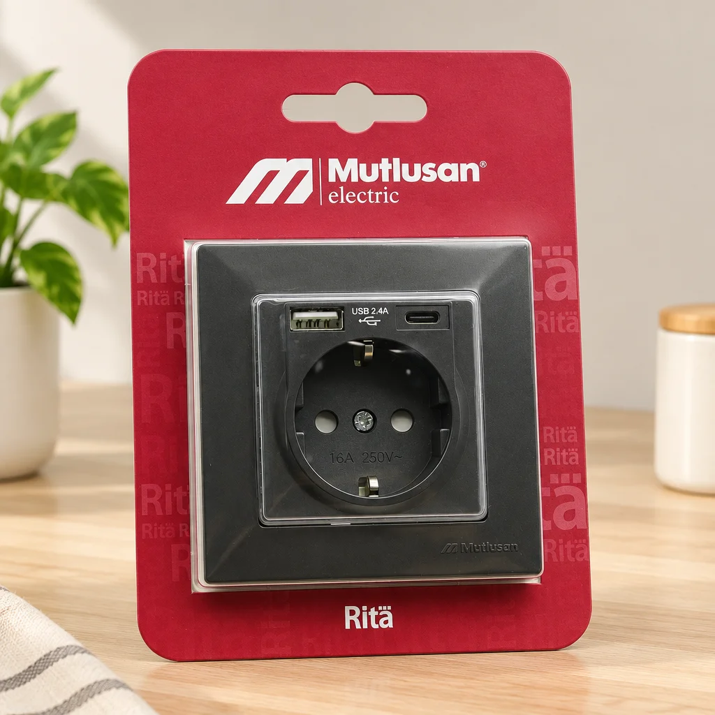 Füme Topraklı Priz USB ve Type-C Girişli Çerçeveli