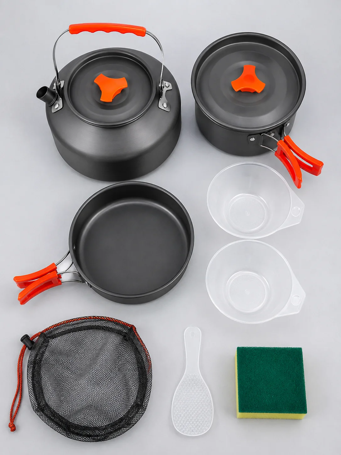 Kompakt Kamp Yemek Seti Alünyum Tencere Tava Çaydanlık Taşıma Fileli Outdoor Set görsel 4