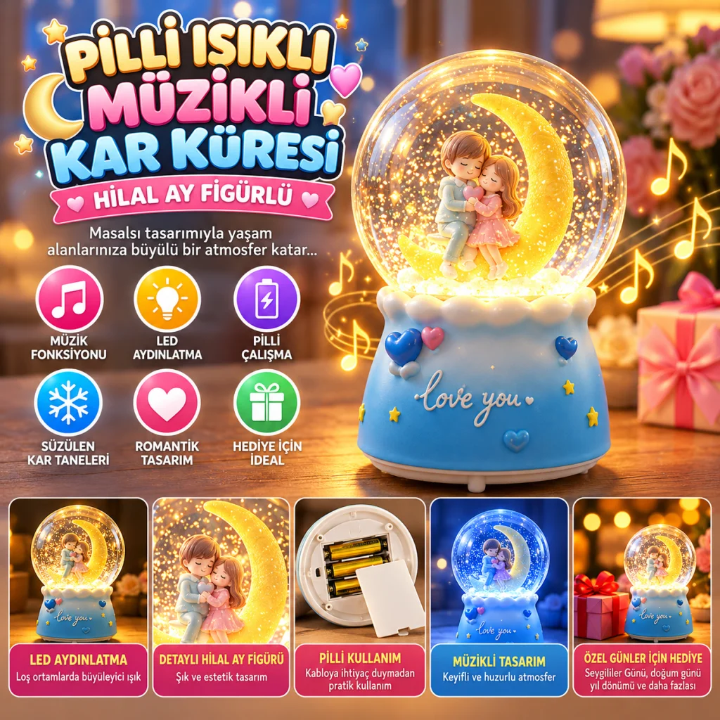 Pilli Işıklı Müzikli Kar Küresi–Hilal Ay Figürlü Romantik Masaüstü Biblo, LED Aydınlatmalı Dekoratif Hediyelik Kar Küresi