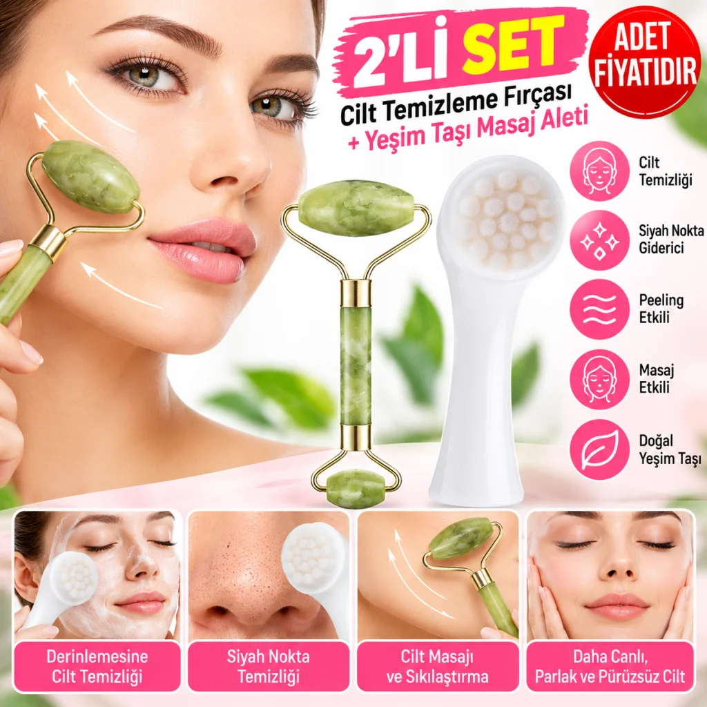 2li Set Çift Taraflı Cilt Temizleme Fırçası ve Yeşim Taşı Çift Taraflı Cilt Masaj Aleti