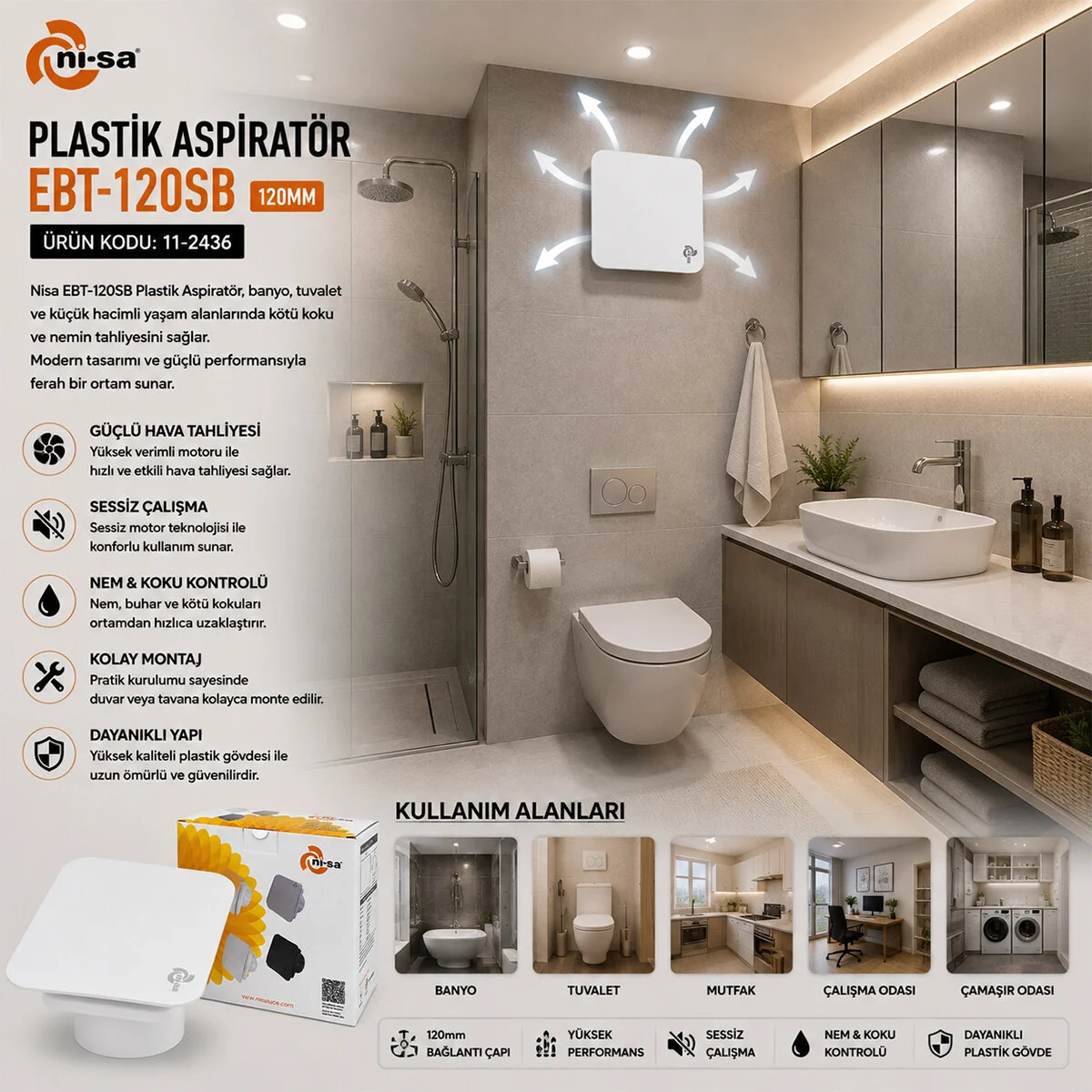 Plastik Aspiratör 120 Beyaz Banyo Tuvalet Havalandırma Aspiratörü 16W 1900RPM 80M3/H EBT-120SB görsel 3