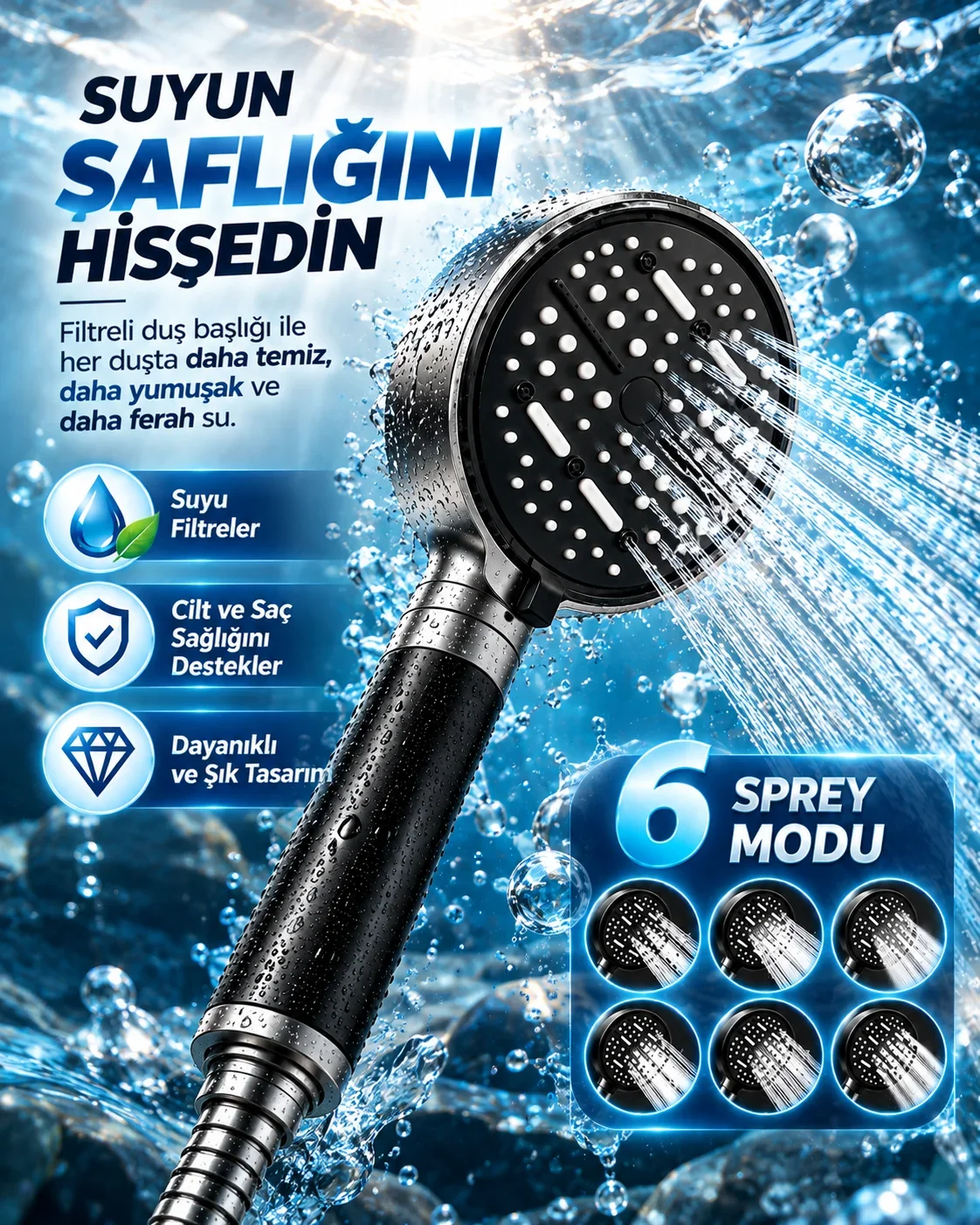 6 Sprey Modlu Filtreli Duş Başlığı Büyük Su Paneli Silikon Nozullu Modern Tasarım