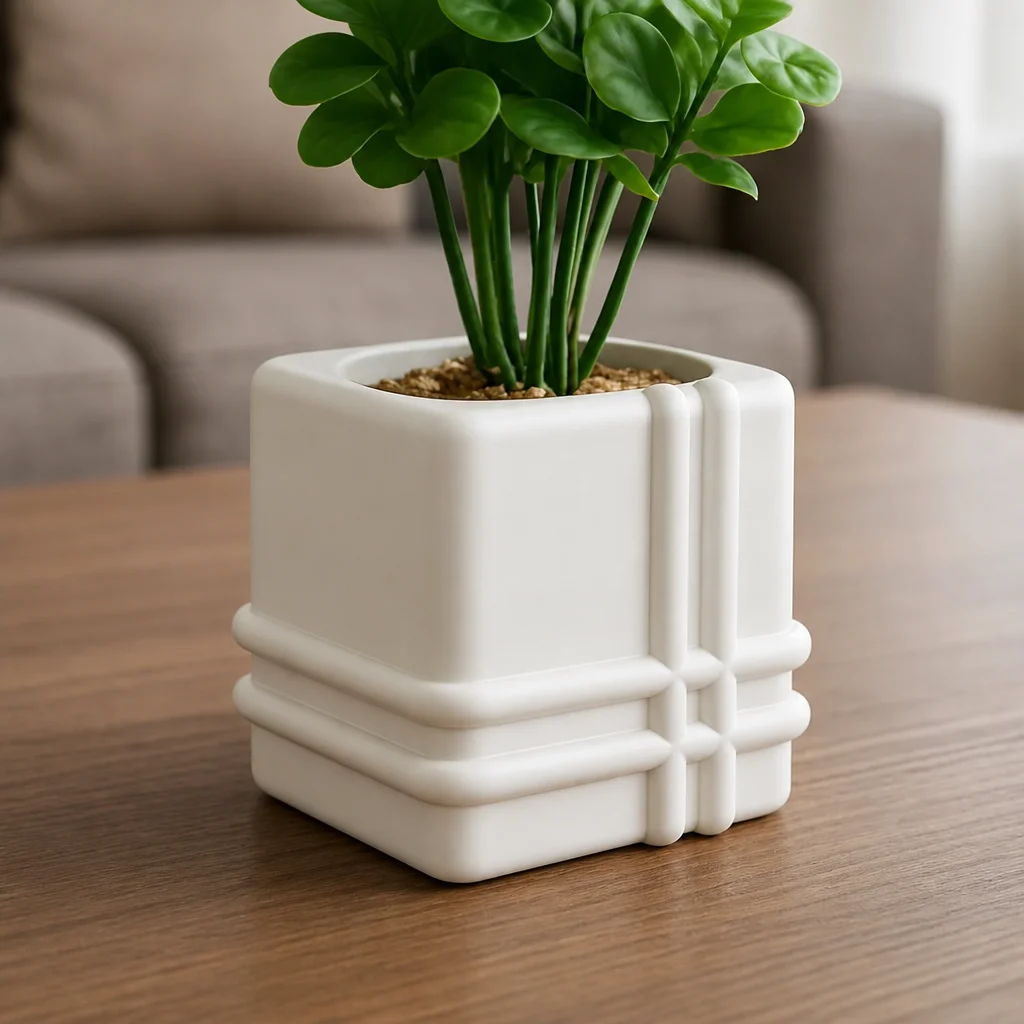 3D Baskı Square Planter - Izgara Desenli Küp Saksı-Beyaz
