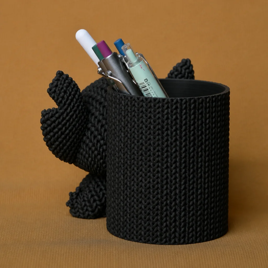 3D Baskı Knitted Kalemlik - Sevimli Karakterli Masaüstü Kalem Organizeri-Siyah görsel 2