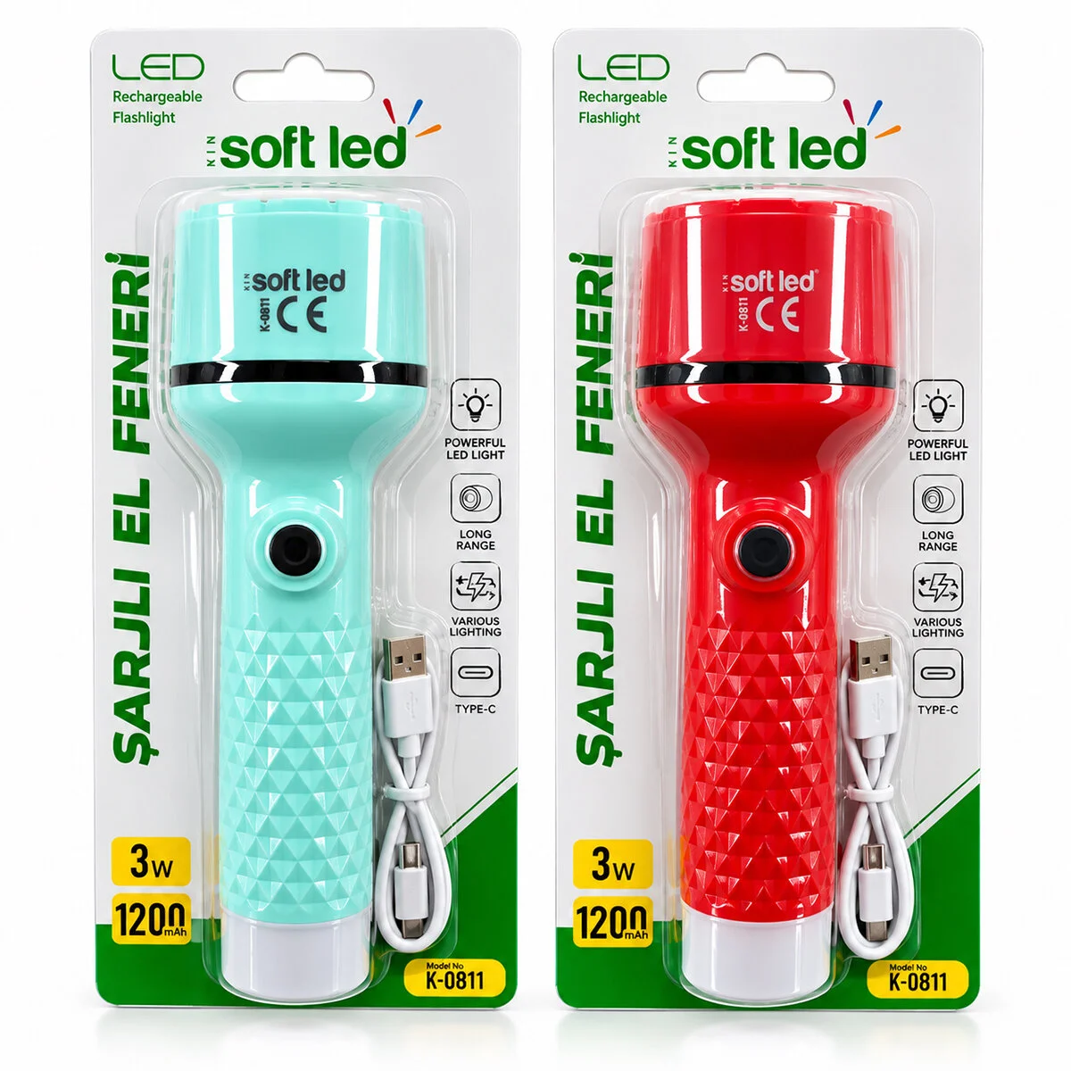 2IN1 Şarjlı El Feneri Usb - Type-c Şarjlı 1 Led 2W - 8 Smd 1W K-0811
