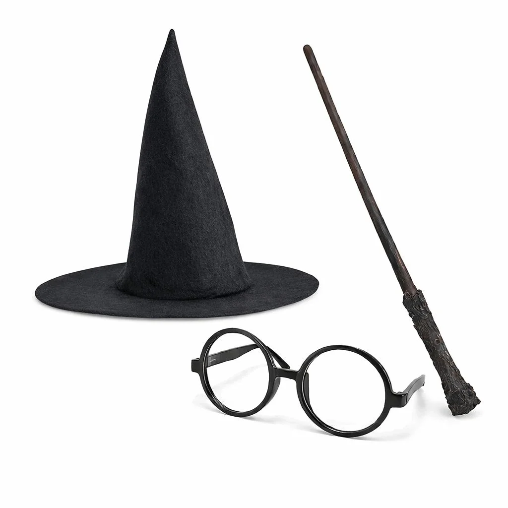 Harry Potter Tarzı Çocuk Seti (siyah Keçe Şapka, Asa, Gözlük) görsel 4
