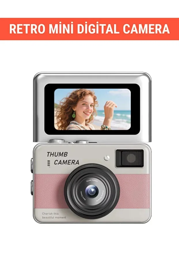 Retro ni Dijital Kamera 1080P 1.47 İnç Flip Ekranlı Flaşlı Selfie Vlog Kamerası 4GB SD Hediyeli Pembe görsel 6
