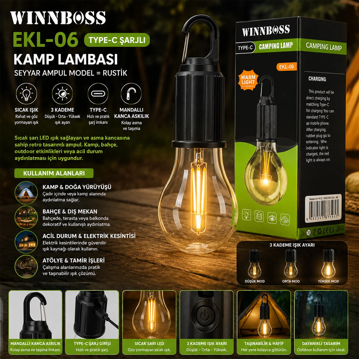 Usb Şarjlı Seyyar Ampul Model=rustik Kamp Lambası Mandallı Kanca Askılık 3-KADEME Işık EKL-06 G-912 görsel 2