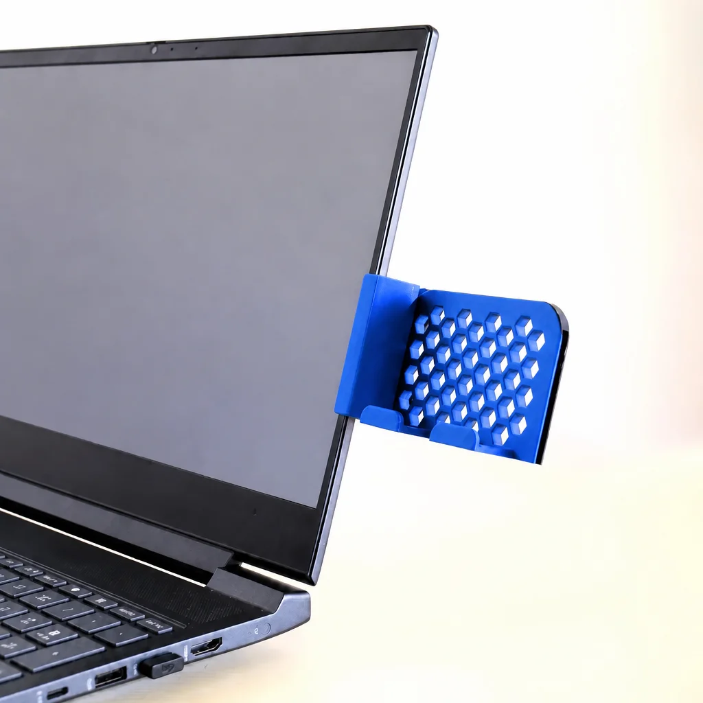 3D Baskı Monitor Telefon Tutucu - Petek Desenli Laptop Kenar Telefon Tutucu-Mavi görsel 2