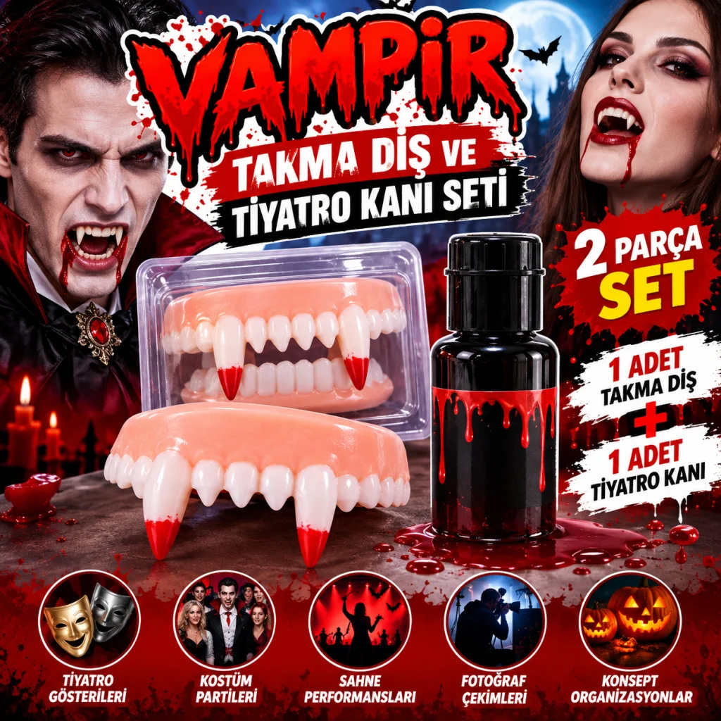Vampir Takma Diş ve Tiyatro Kanı Seti – 2 Parça