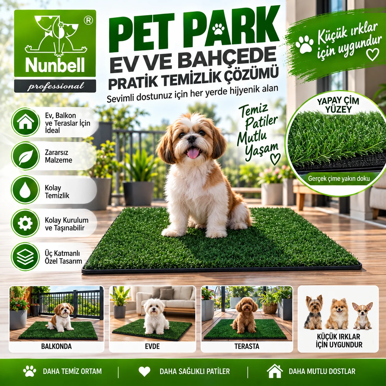 Nunbell Pet Park Yapay Çim Köpek Tuvalet Pedi Küçük Irklar İçin Balkon Ev Bahçe