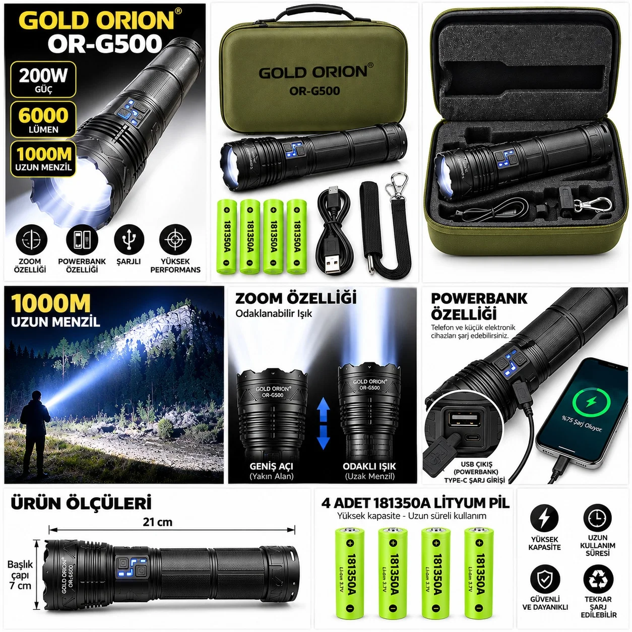 OR-G500 200W 6000 Lümen Uzun Menzilli Zoomlu LED Şarjlı El Feneri