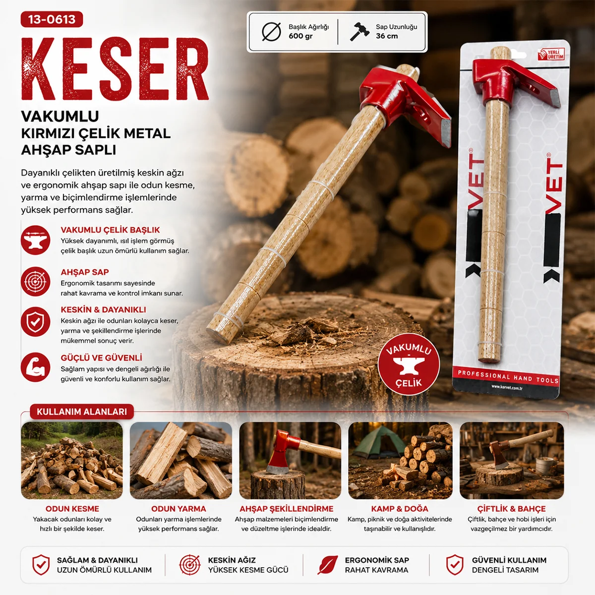 Çelik Keser Ahşap Saplı - Vakumlu görsel 3