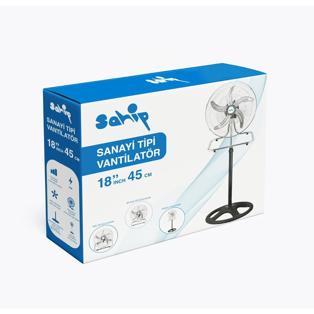 3İN1 Kullanım 18 İnç 45 Cm Sanayi Tipi Ayaklı Vantilatör 5-METAL Pervane 3-KADEME Hız 75WY:150CM Fan