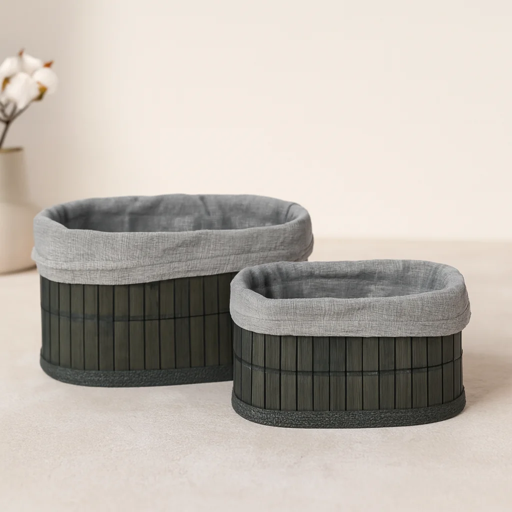 Bambu Kenarlı Oval Organizer Sepet (Ahşap Tabanlı, Bezli) 21x14-25x16 cm