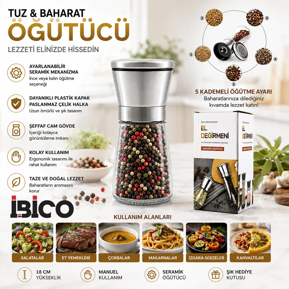 Hand Grınder Küçük Cam Hazneli - Krom Kaplama Pls.kapaklı Tuz - Baharat Öğütücü İ22-411 görsel 2