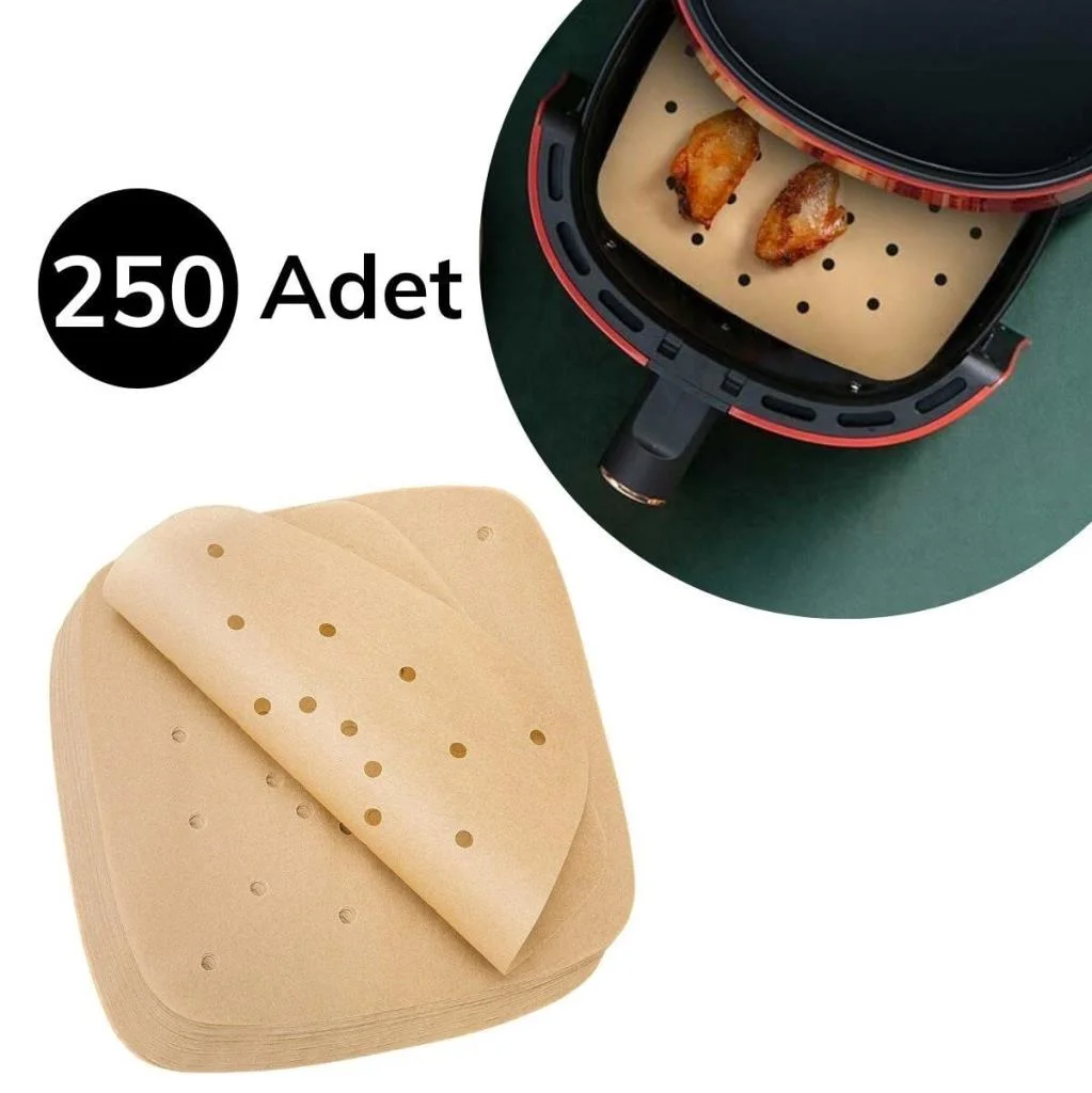 250 Adet Air Fryer Pişirme Kağıdı Tek Kullanımlık Hava Fritöz Yağ Geçirmez Yapışmaz Gıda Pişirme Kağıdı Delikli Kare Model görsel 5
