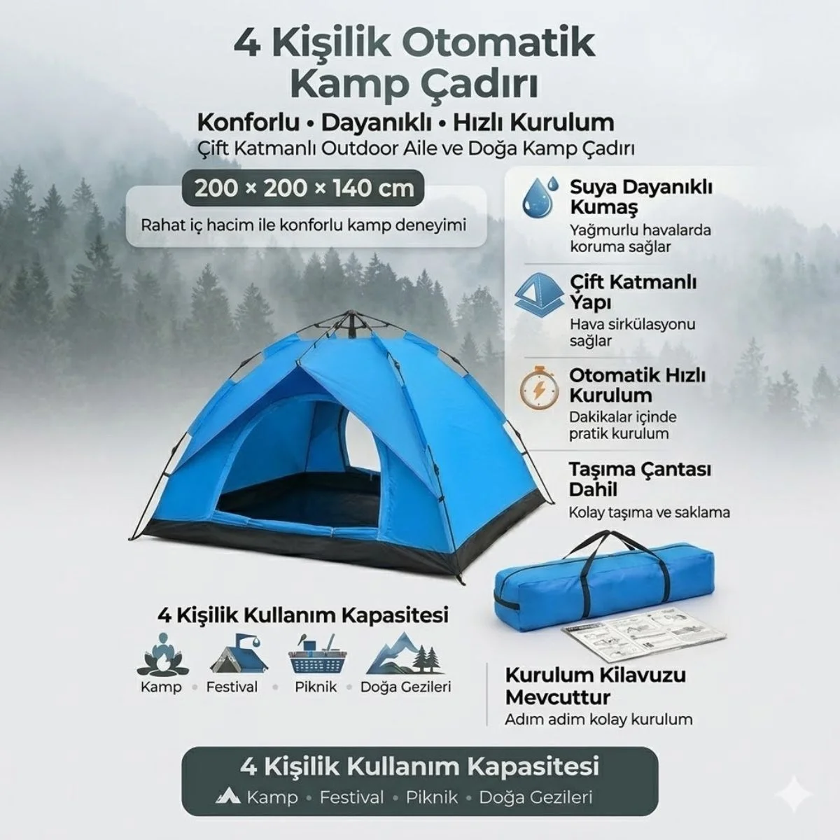 4 Kişilik Otomatik Kamp Çadırı – Çift Katmanlı, Suya Dayanıklı, Hızlı Kurulum Outdoor Aile ve Doğa Çadırı 200x200x140 cm görsel 4