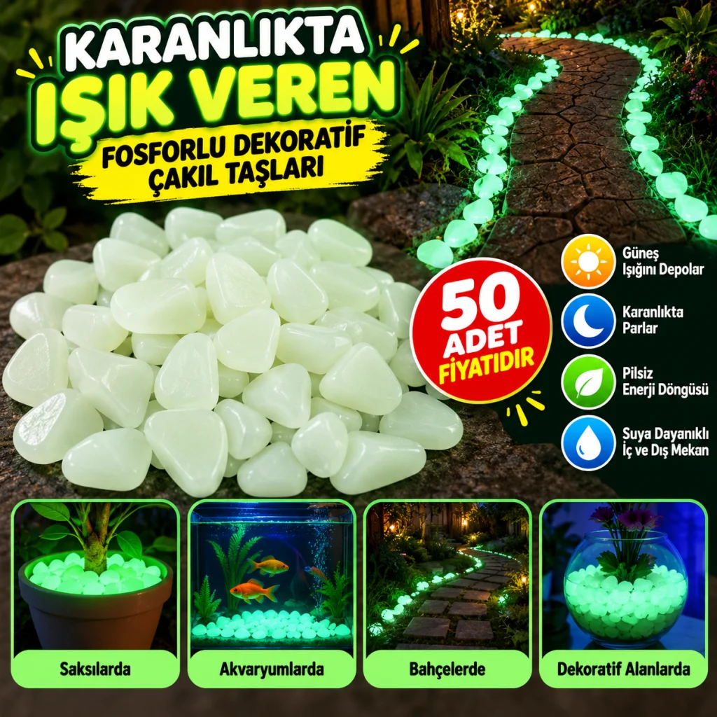 Gece Karanlıkta Işık Vererek Parlayan Dekoratif Çakıl Taşları