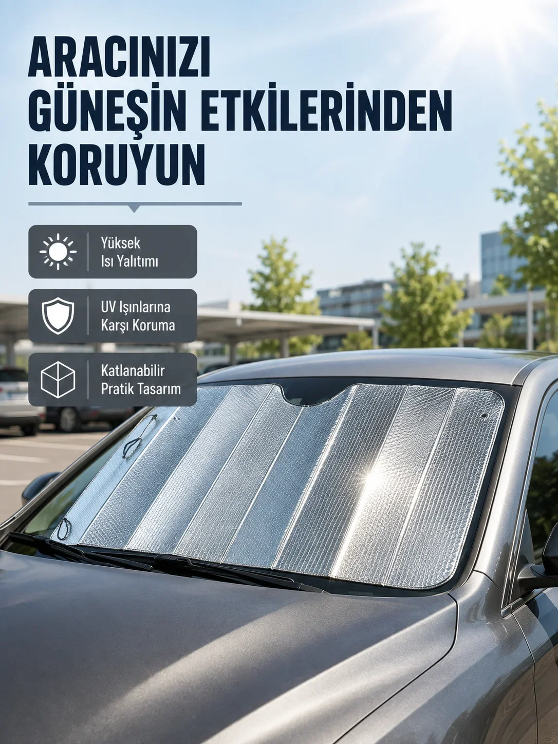 Araba Güneşliği Alünyum Yansıtıcı Yüzeyle Etkili Isı Koruması