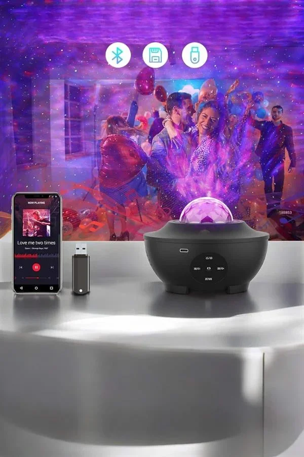 Çocuklara Özel Şarjlı Bluetooth Hoparlör Parti Led Lambası Yıldızlı Projeksiyon görsel 5