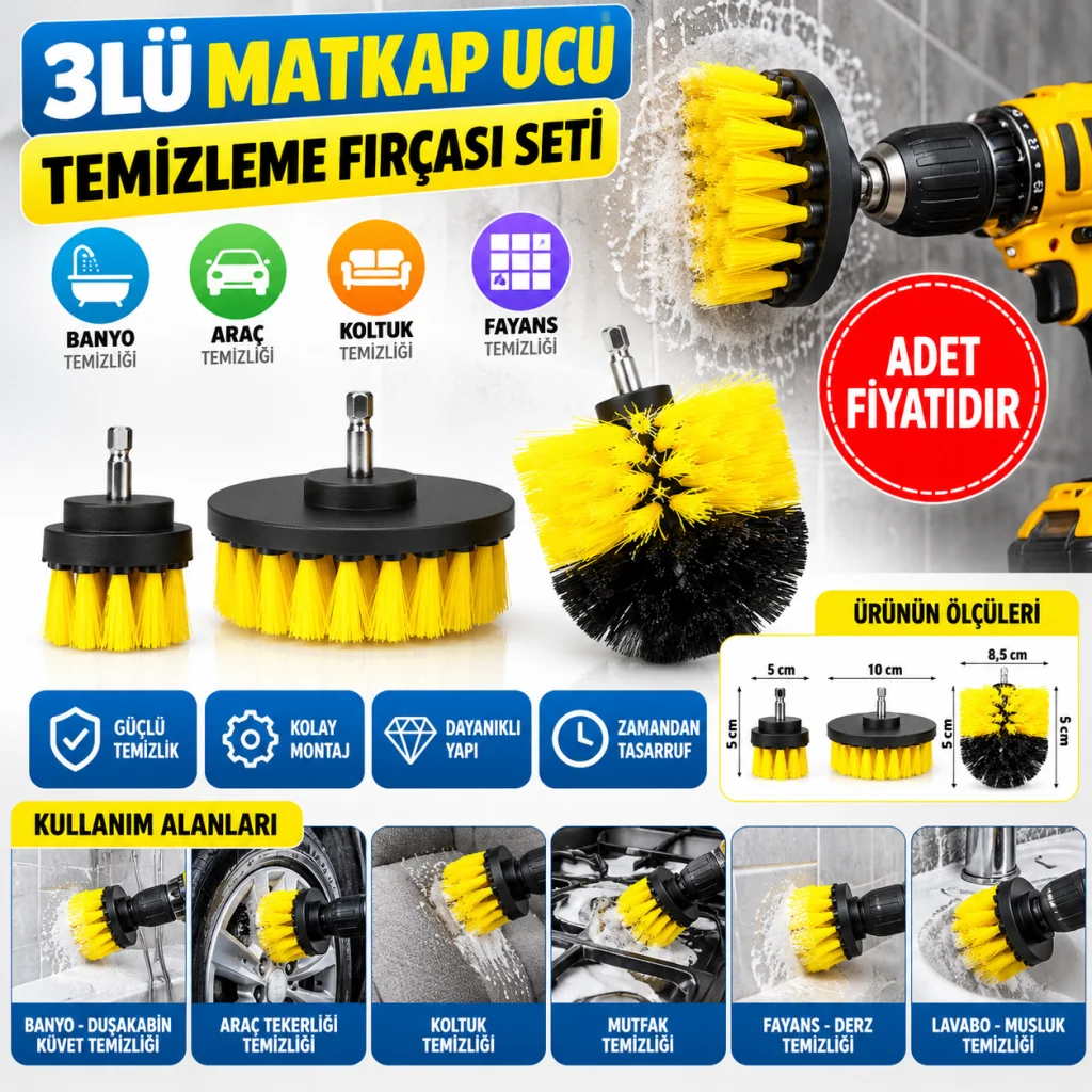 3lü Matkap Ucu Banyo Küvet Duşakabin Araba Tekerliği Koltuk Yıkama Temizleme Fırçası Seti