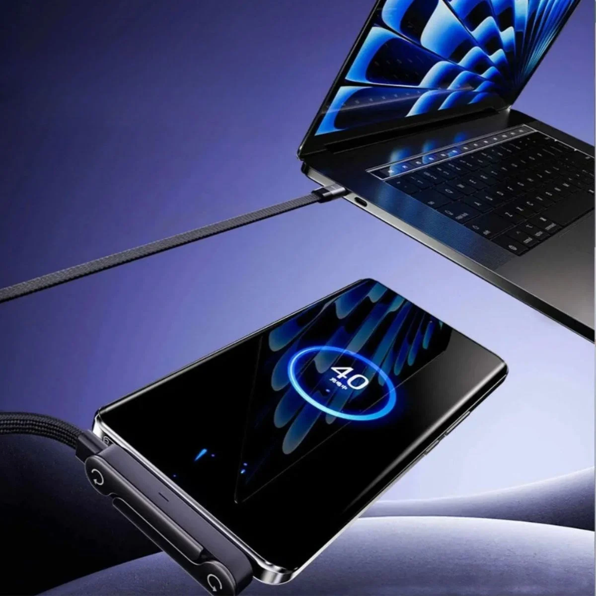 240W Hızlı Şarj Destekli Katlanabilir Telefon Standlı Örgülü Type-C to Type-C Şarj Kablosu görsel 4